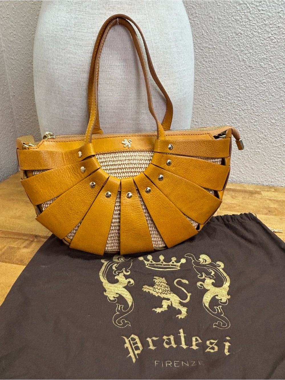 Pratesi Firenze Italian Leather Straw Fan Cage Satchel Shoulder Bag Yellow - Picture 2 of 15